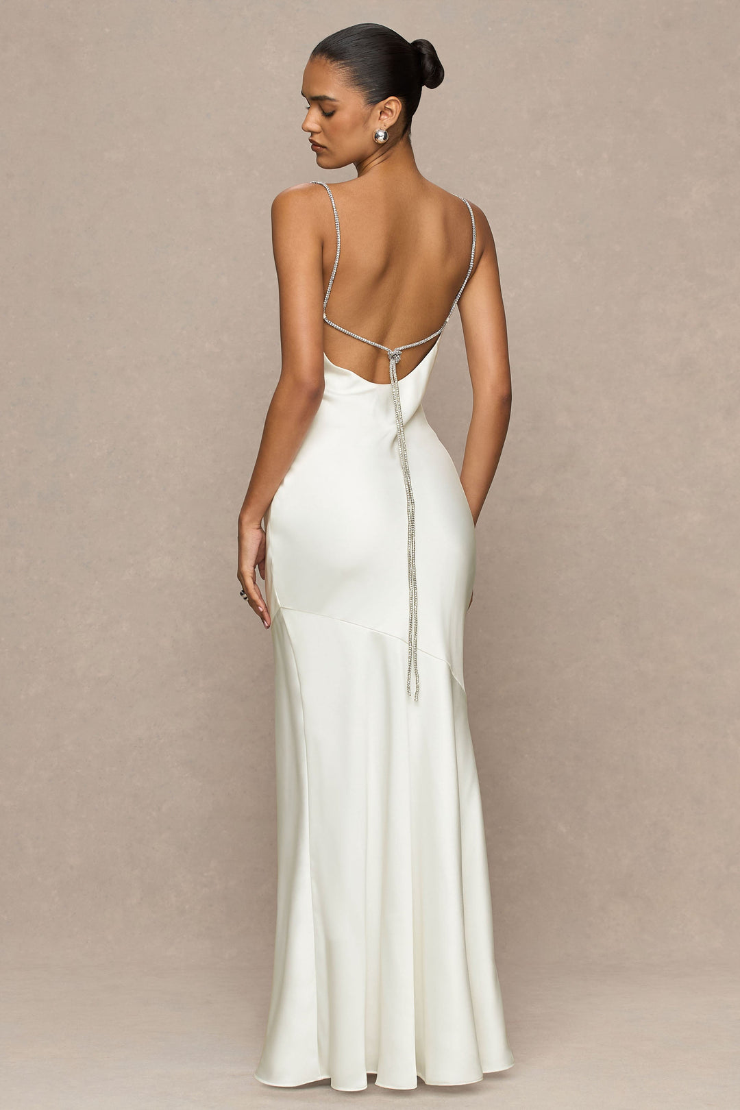 Maelia | Cream Satin Cowl-Neck Maxi Dress With Diamante Straps