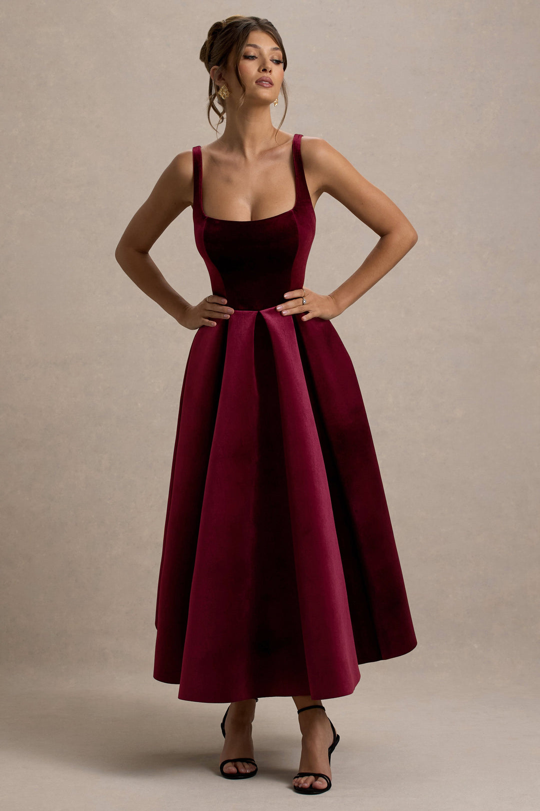 Francisca | Berry Velvet Strappy Volume-Hem Midi Dress