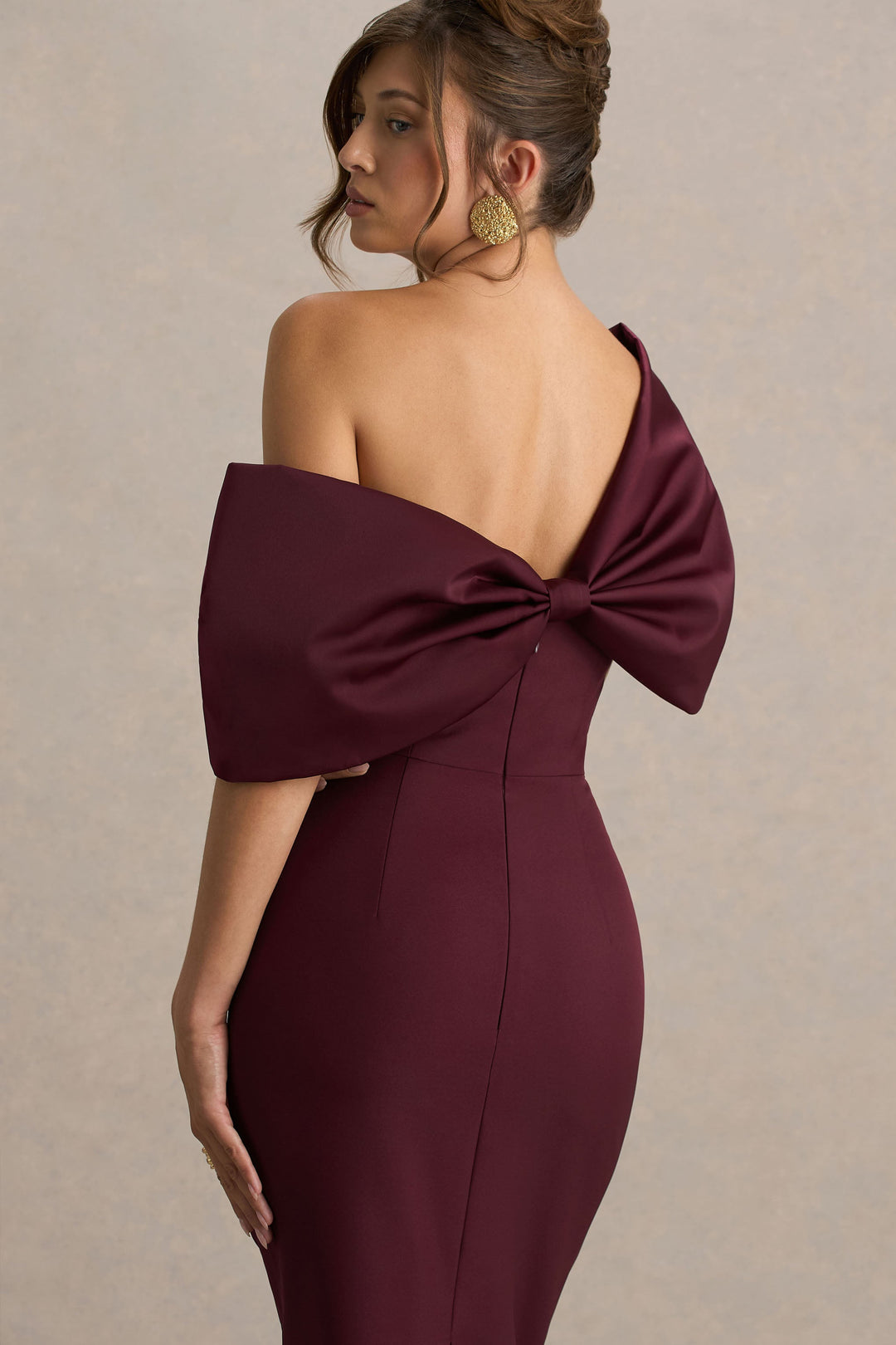 Lucille | Burgundy Asymmetric Bardot Midi Dress With Bow Detail