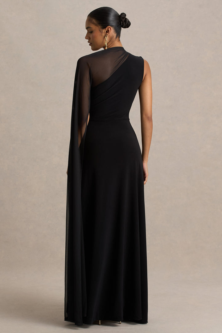 Selena | Black High-Neck Maxi Dress With Cut-Out And Cape Sleeve Detail