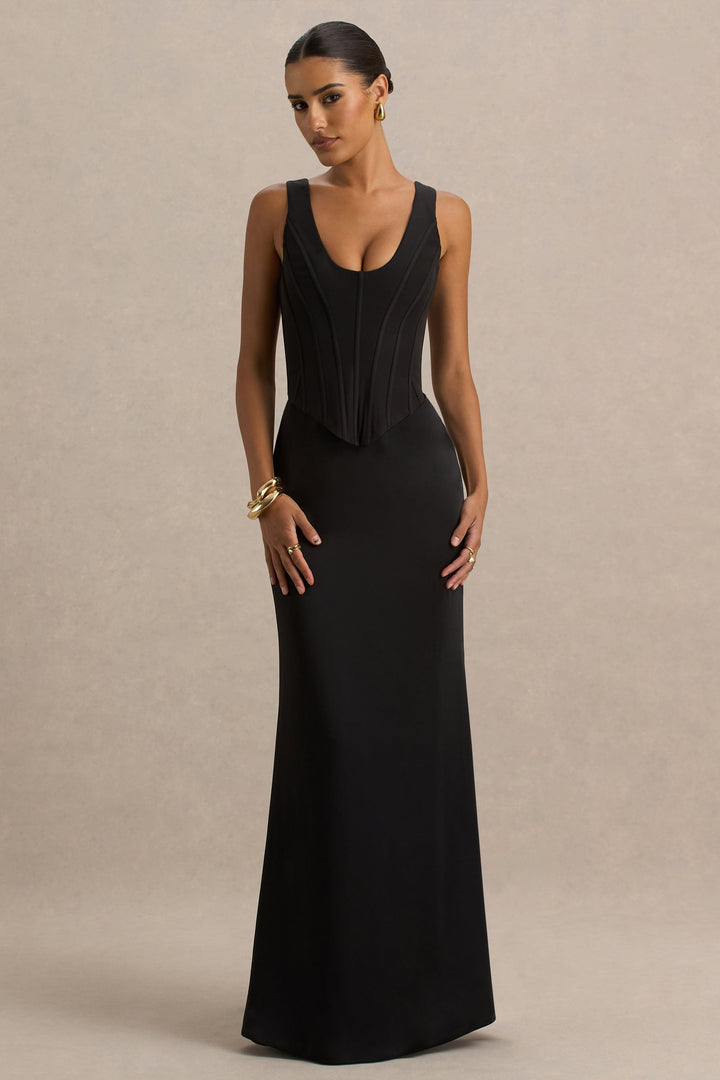 Morgan | Black Satin Corset Maxi Dress