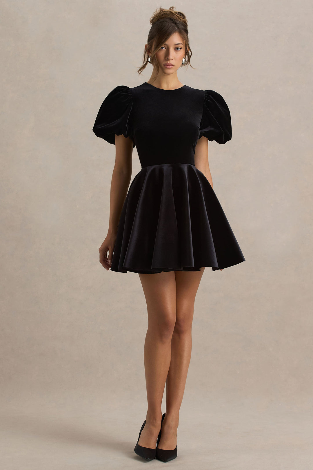 Priya | Black Velvet Mini Dress With Puff Sleeves