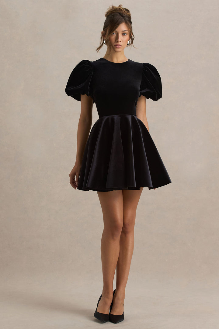 Priya | Black Velvet Mini Dress With Puff Sleeves