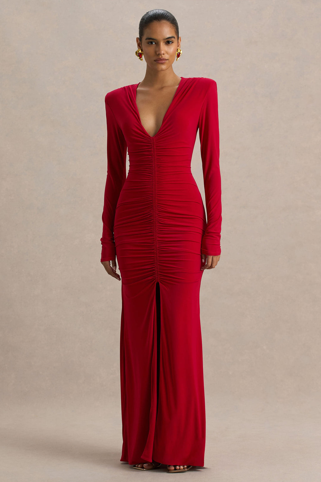 Jewel | Red Plunge-Neck Maxi Dress With Front Split and Ruched Detailing