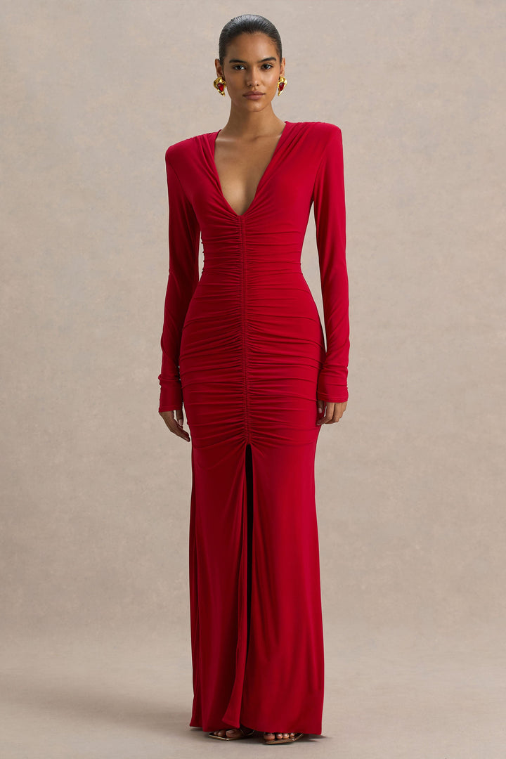 Jewel | Red Plunge-Neck Maxi Dress With Front Split and Ruched Detailing