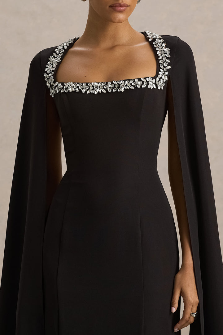 Glossy | Black Woven Square-Neck Maxi Dress With Cape Sleeves and Hand-Embellished Detail