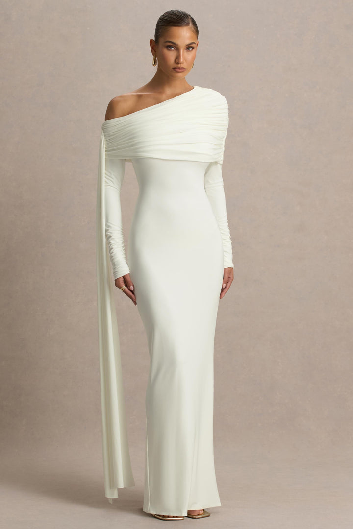Octavia | Cream Bardot-Neck Maxi Dress With Sash And Ruched Detailing