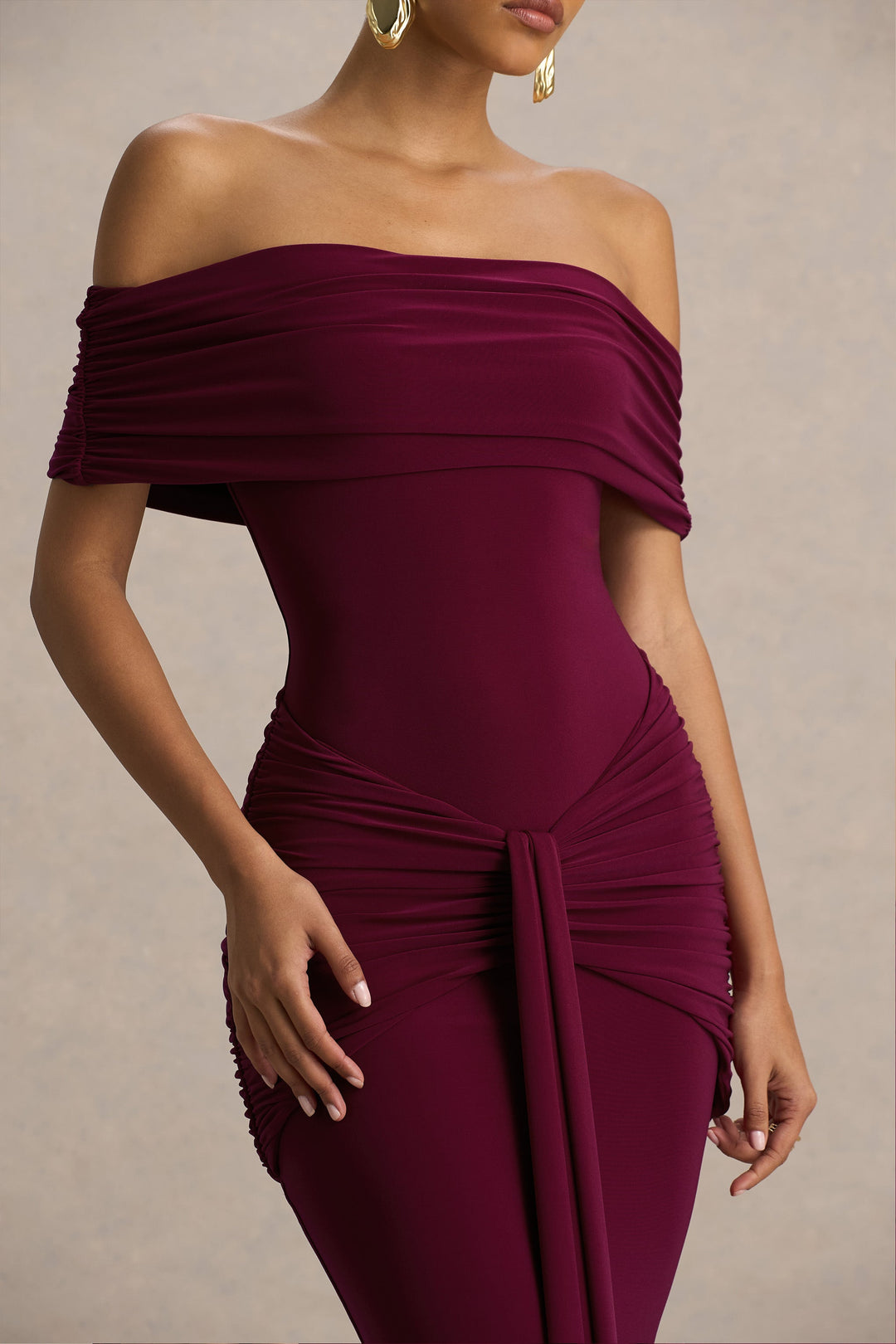Envisioned | Burgundy Bardot-Neck Maxi Dress With Gathered And Drape Detail