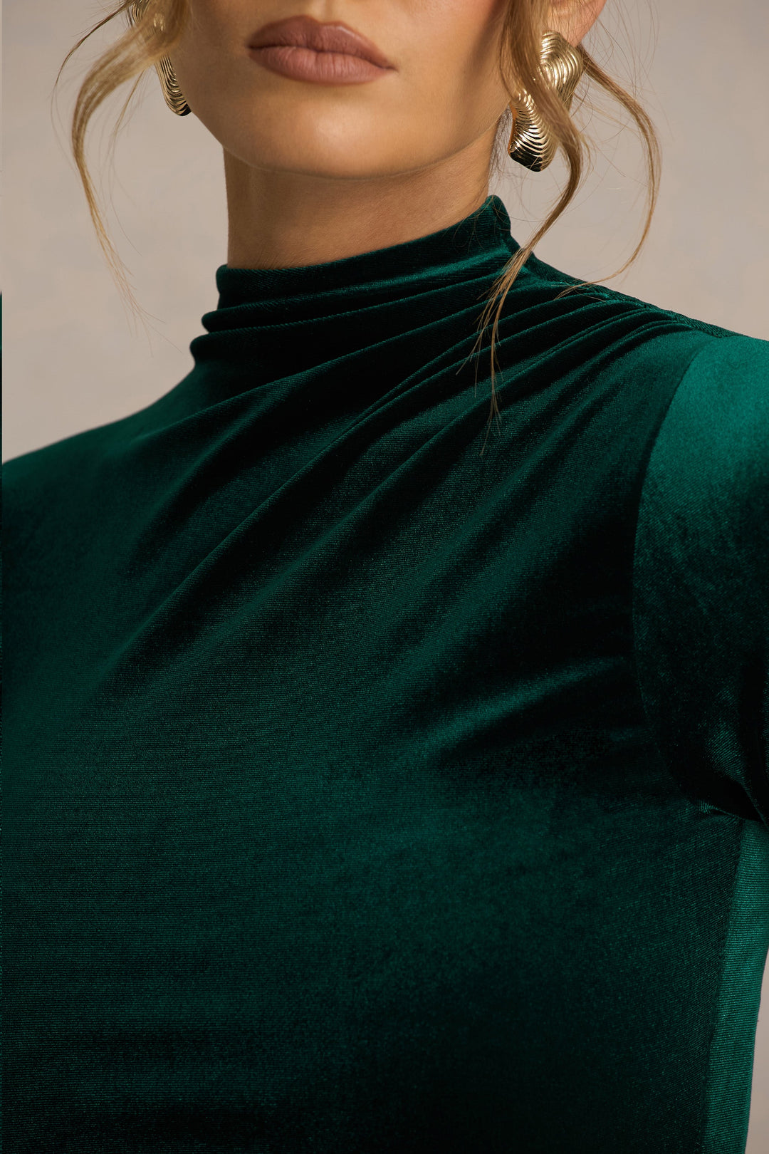 Wishes | Bottle Green Velvet High-Neck Maxi Dress With Wrap Skirt