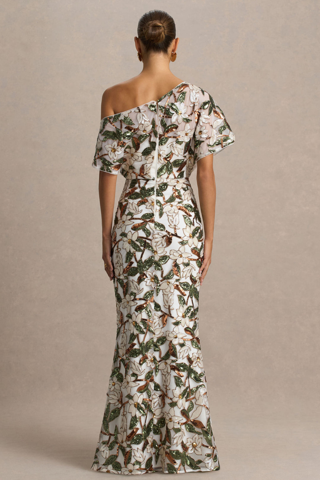 Iony | White And Green Embellished Sequin Floral And Mesh Asymmetric-Neck Maxi Dress