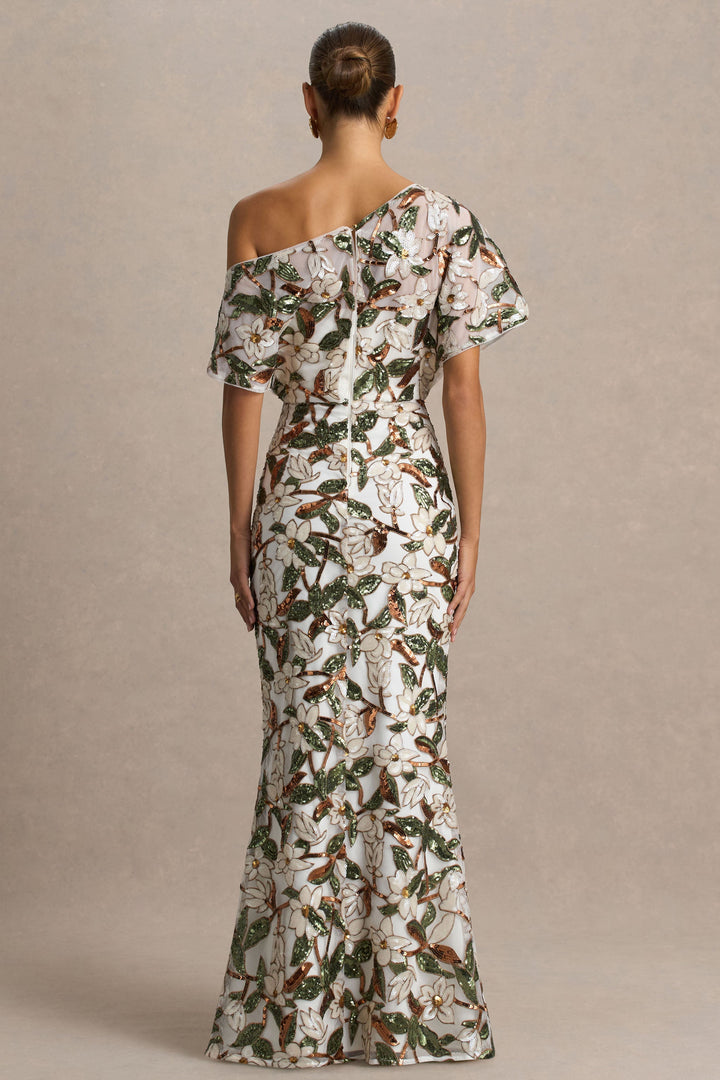 Iony | White And Green Embellished Sequin Floral And Mesh Asymmetric-Neck Maxi Dress