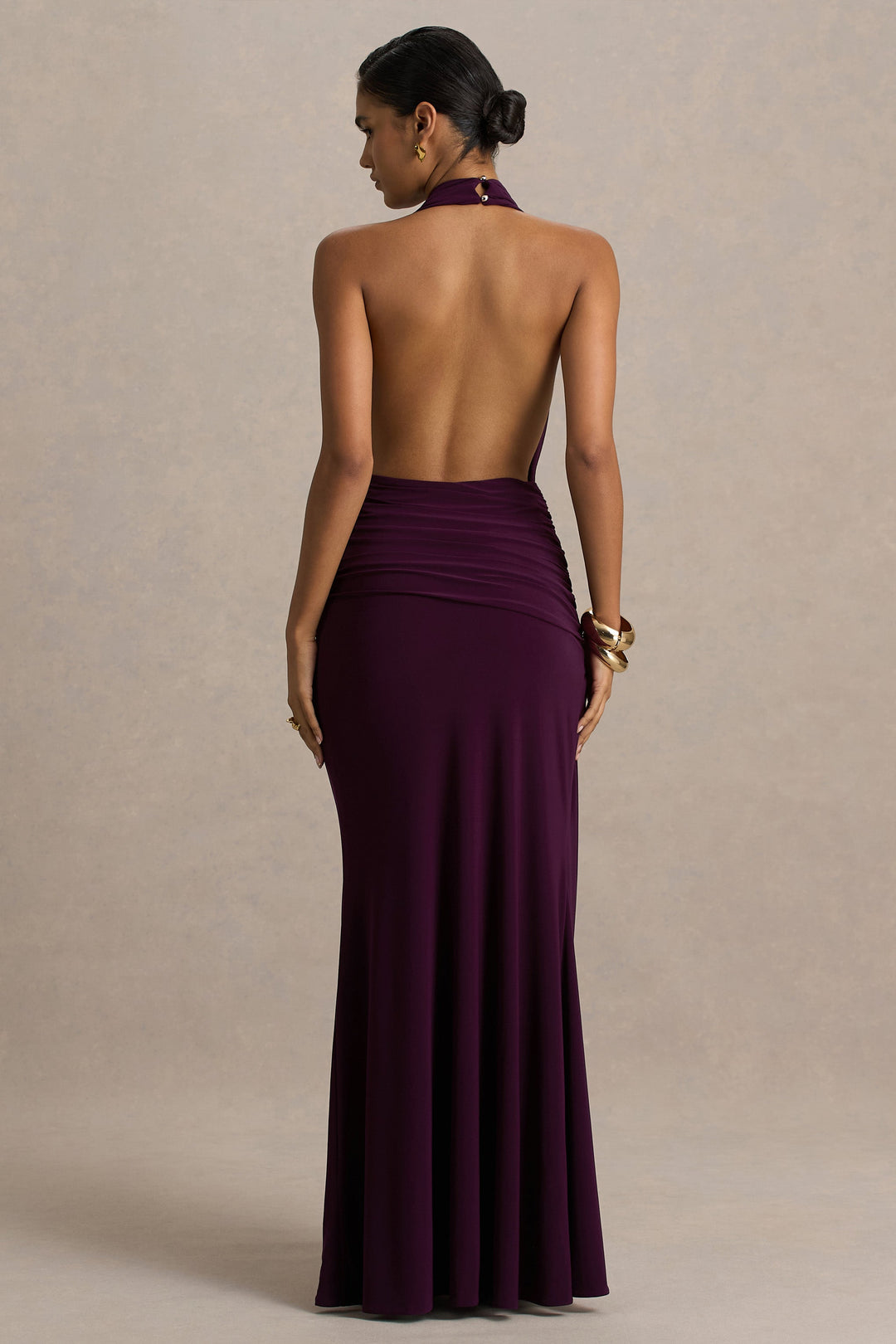 Tilly | Burgundy Extreme-Plunge Neck Maxi Dress With Wrap And Ruched Details