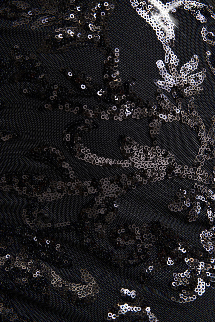 Stellar | Black Embellished Lace High-Neck Maxi Dress With Long Sleeves