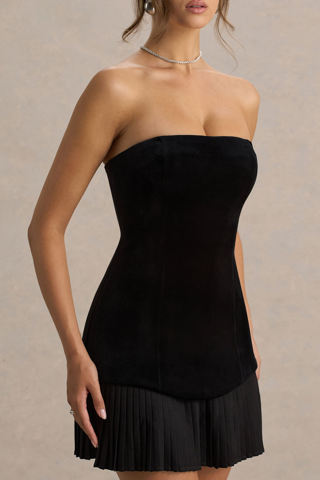 Valentina | Black Velvet Bandeau Mini Dress With Pleated Detailing