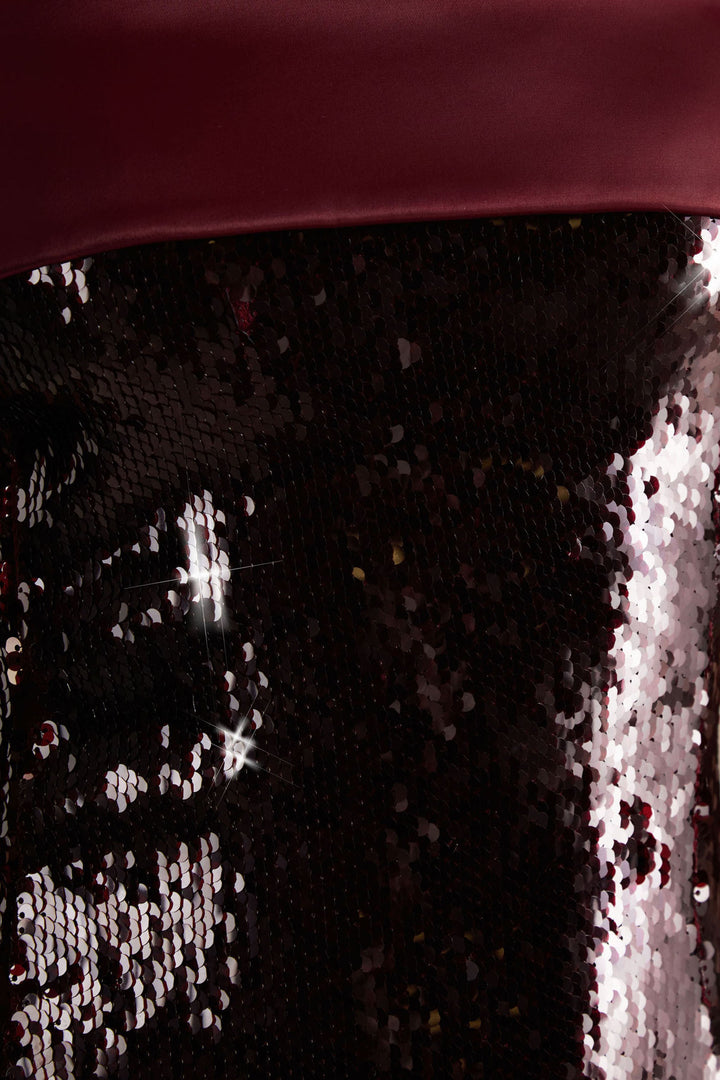Casandra | Burgundy Sequin Bandeau Mini Dress With Satin Trim