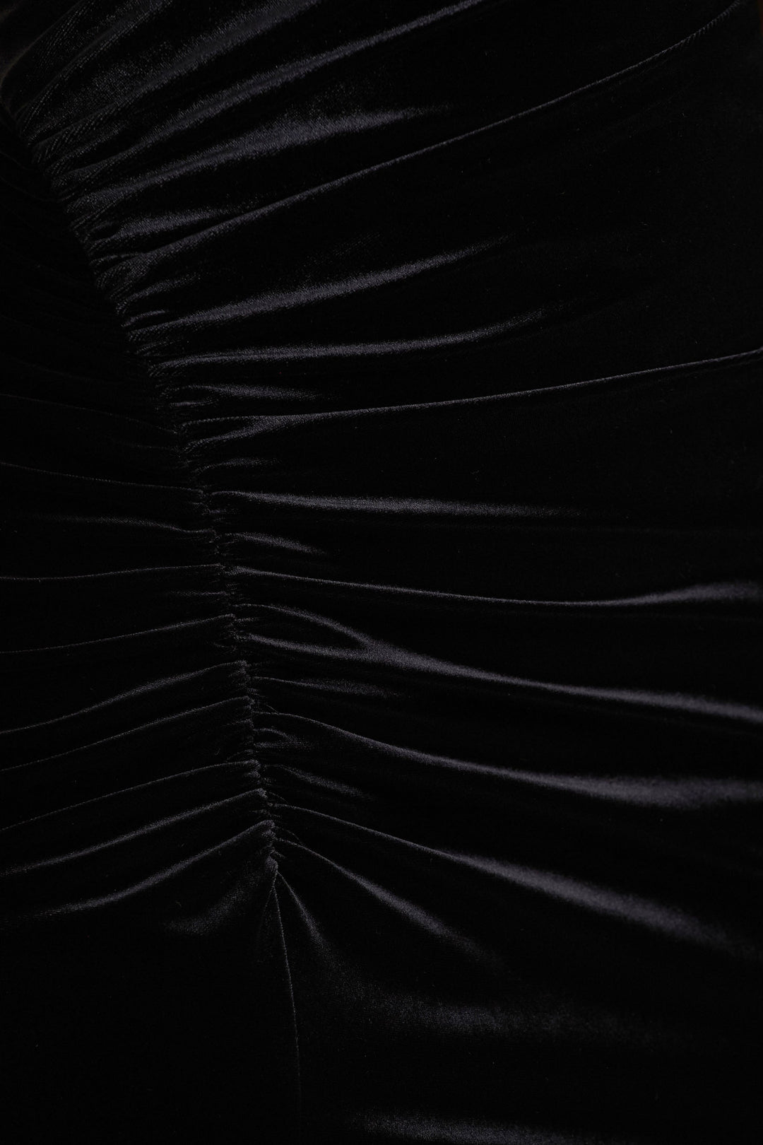 Camilla | Black Velvet Asymmetric-Neck Maxi Dress With Ruched Detailing