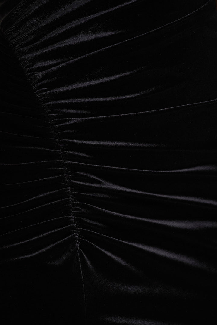 Camilla | Black Velvet Asymmetric-Neck Maxi Dress With Ruched Detailing