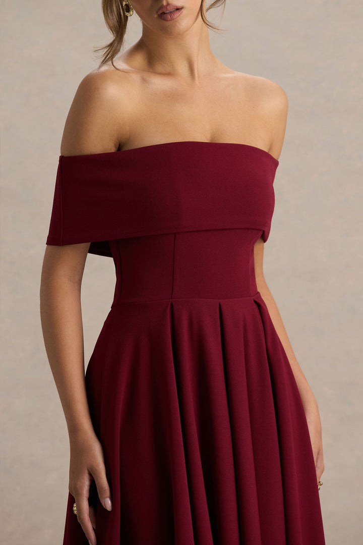 Isabella | Burgundy Bardot-Neck Midi Dress