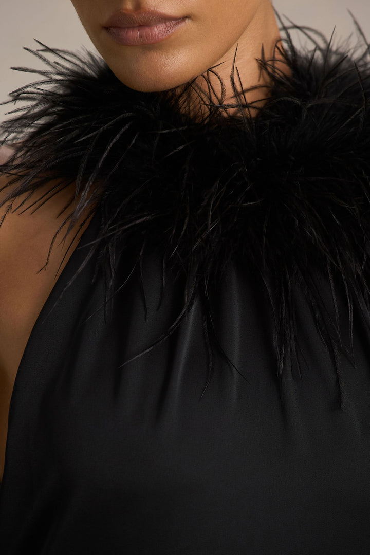 Jemima | Black Satin Halter-Neck Maxi Dress With Feather Trim