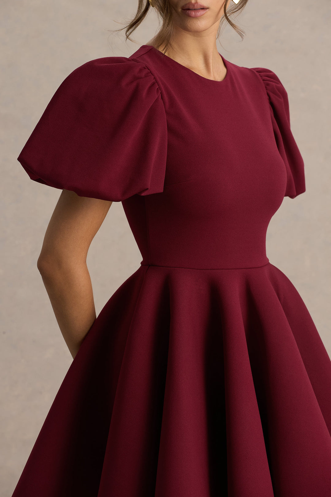 Emelia | Burgundy Puff-Sleeve Skater Mini Dress
