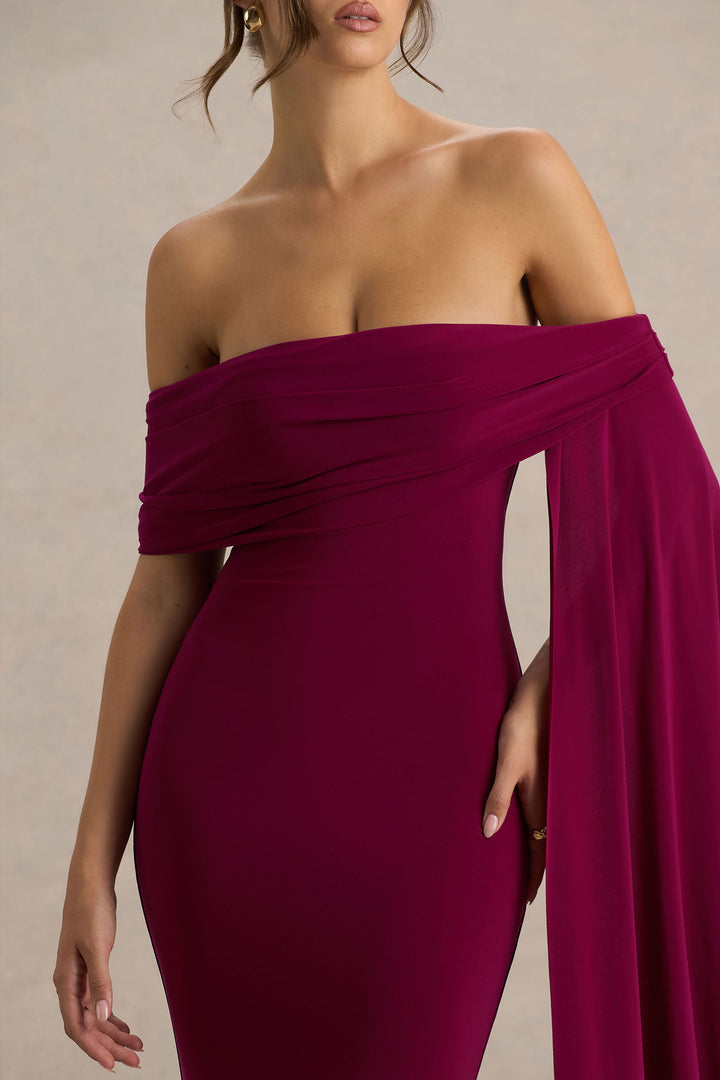 Saffina | Burgundy Bardot-Neck Maxi Dress With Sash Detail