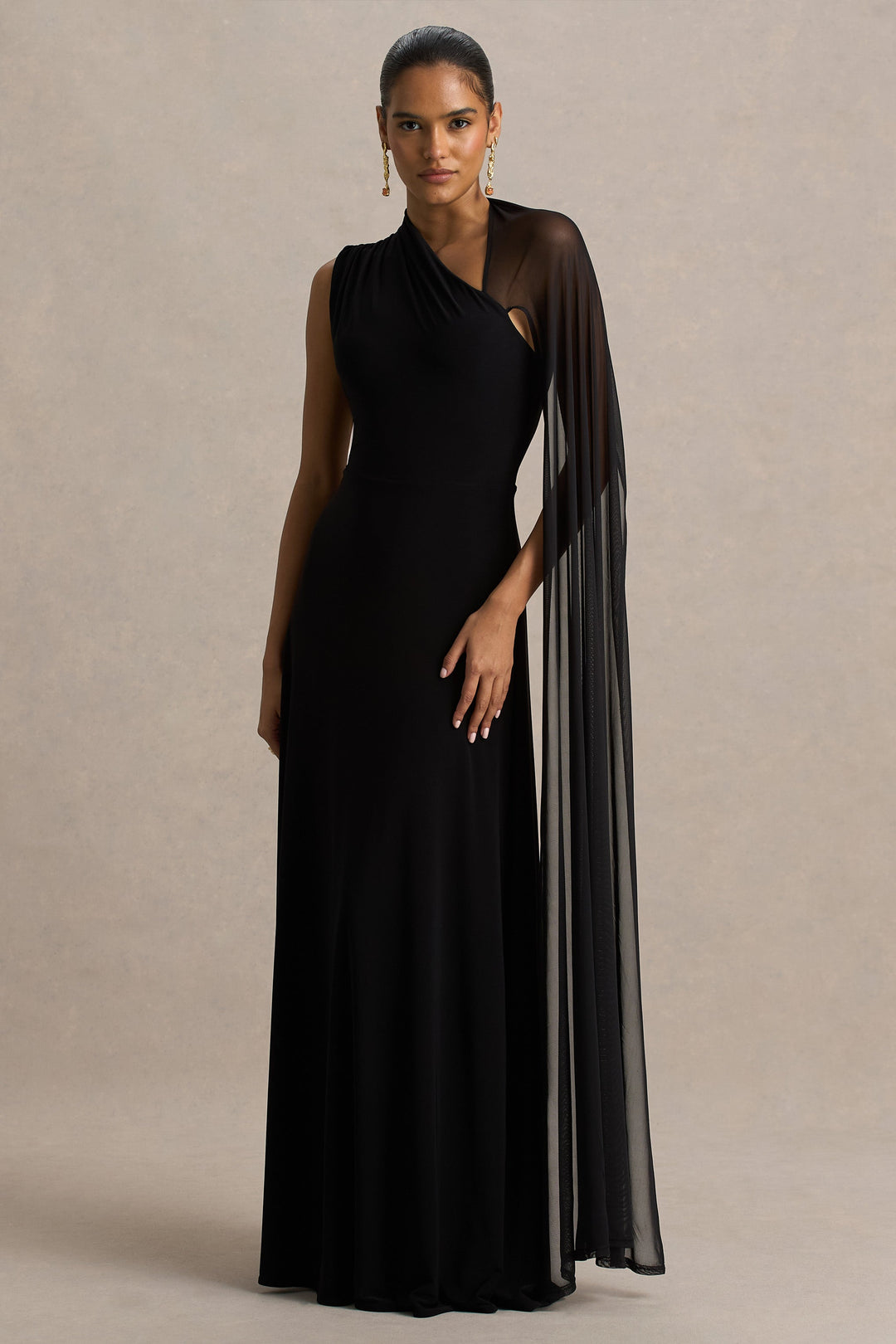 Selena | Black High-Neck Maxi Dress With Cut-Out And Cape Sleeve Detail