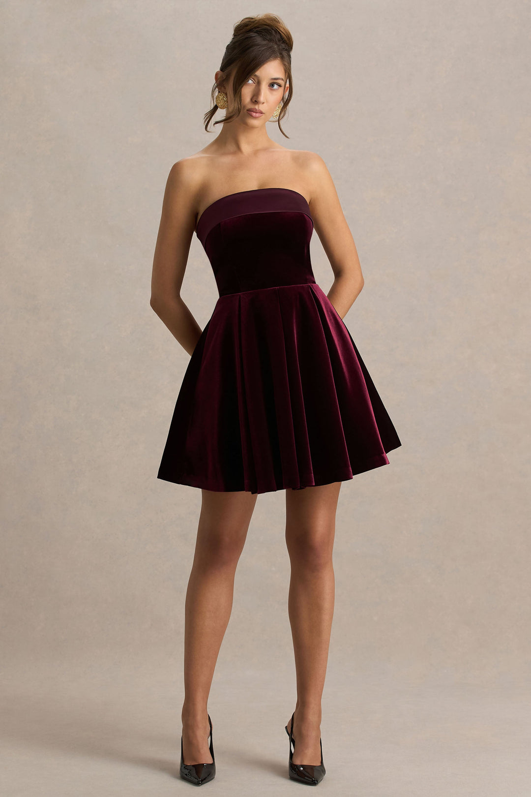 Mina | Burgundy Velvet And Satin Bandeau Skater Mini Dress