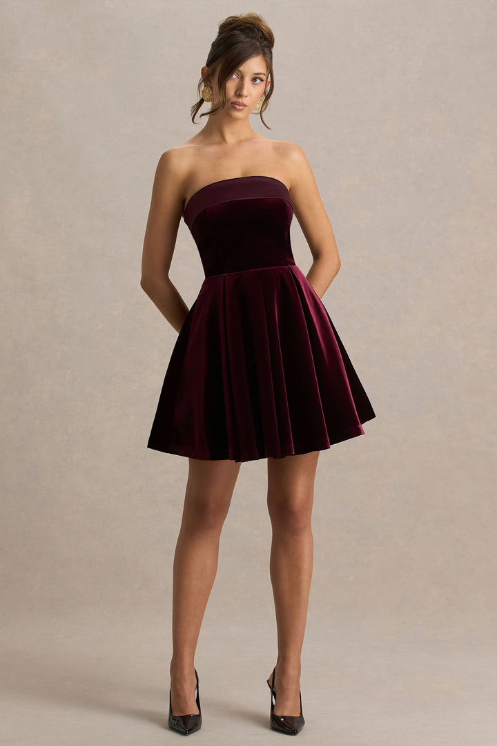 Mina | Burgundy Velvet And Satin Bandeau Skater Mini Dress