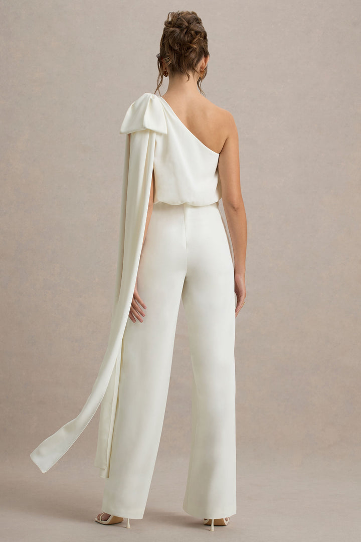 Alice | Cream Asymmetric Bow Shoulder Jumpsuit With Drape