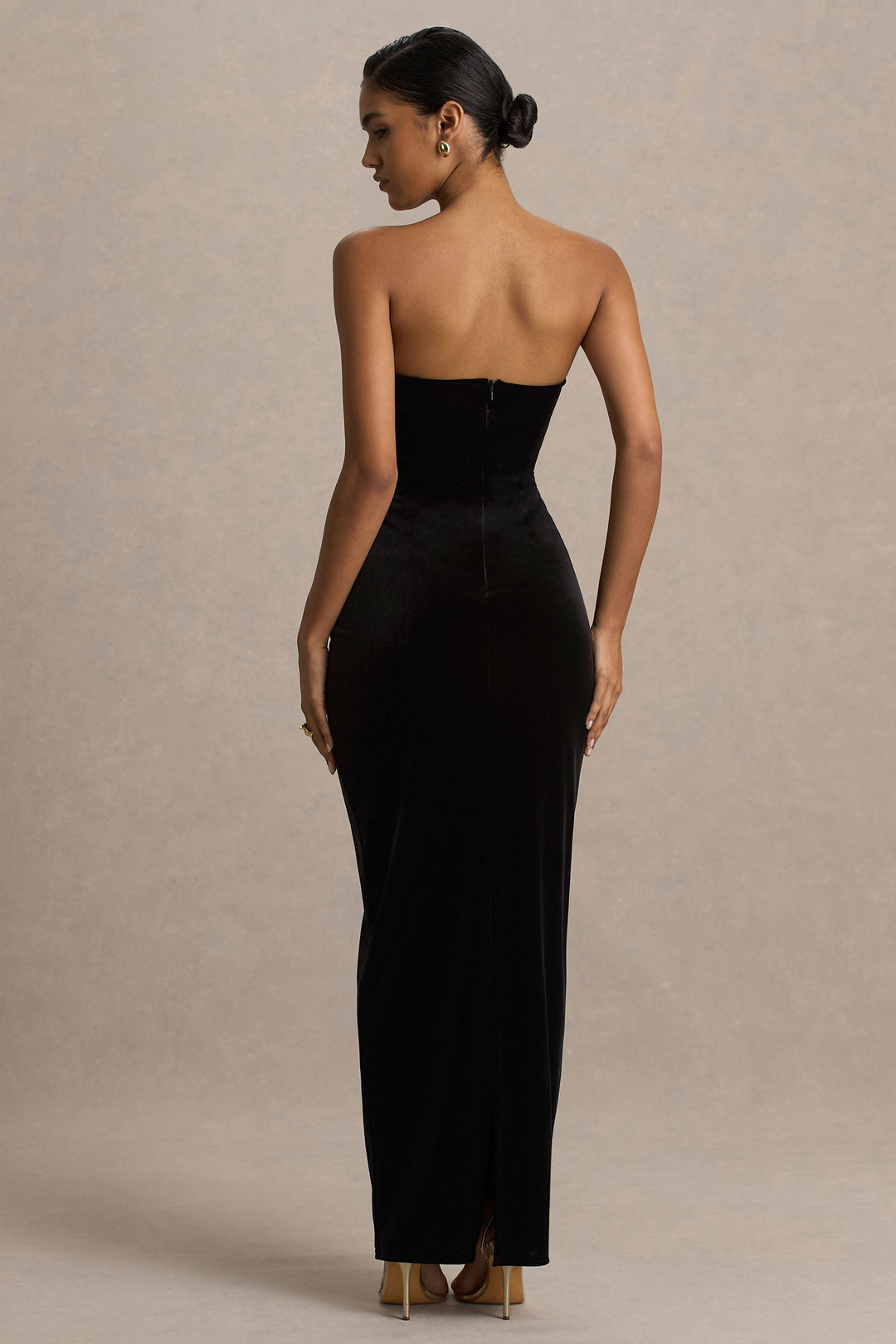 Illusion | Black Velvet Bandeau Maxi Dress With Bow Detail