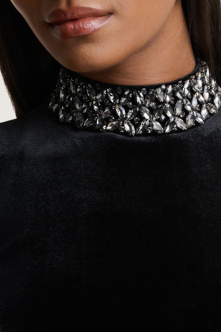 Margot | Black High-Neck Velvet Mini Dress With Embellished Detail