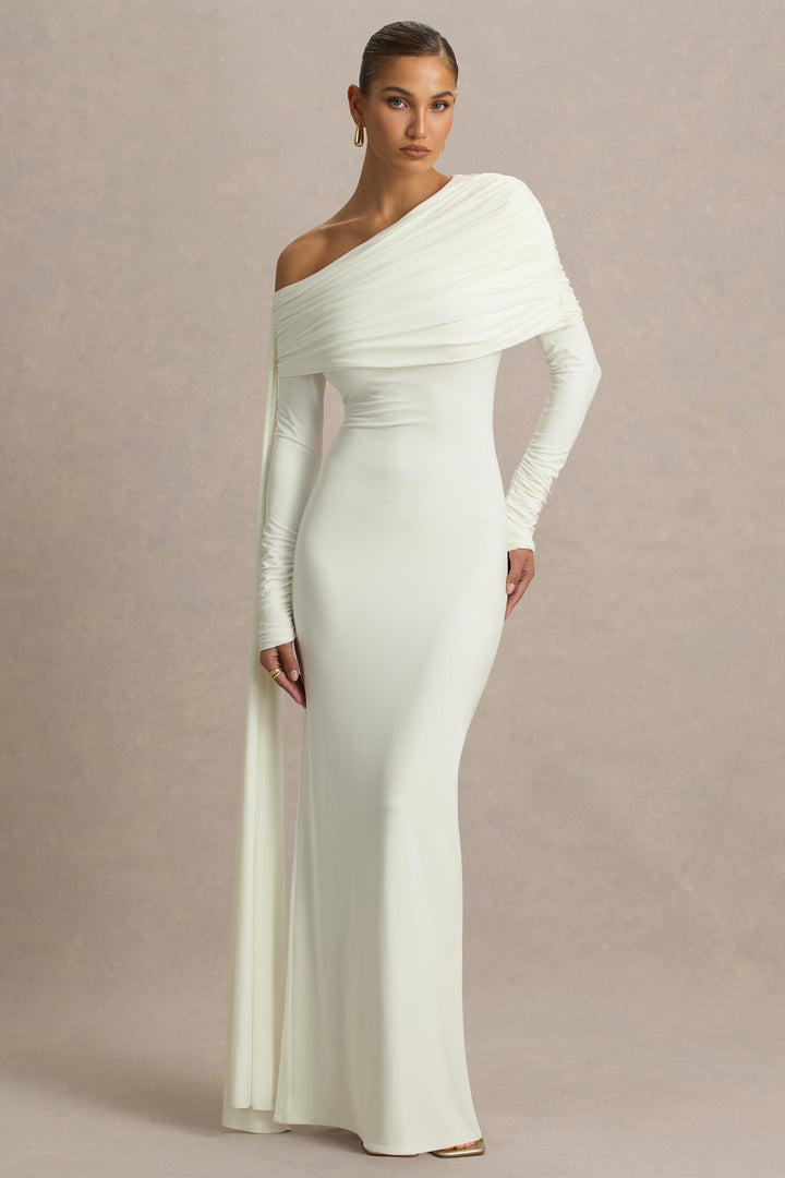 Octavia | Cream Bardot-Neck Maxi Dress With Sash And Ruched Detailing