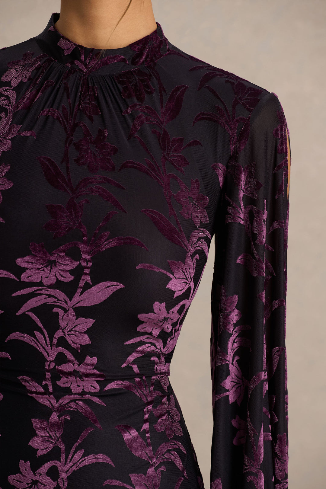 Janet | Black And Burgundy Devore High-Neck Maxi Dress With Cut-Out Details