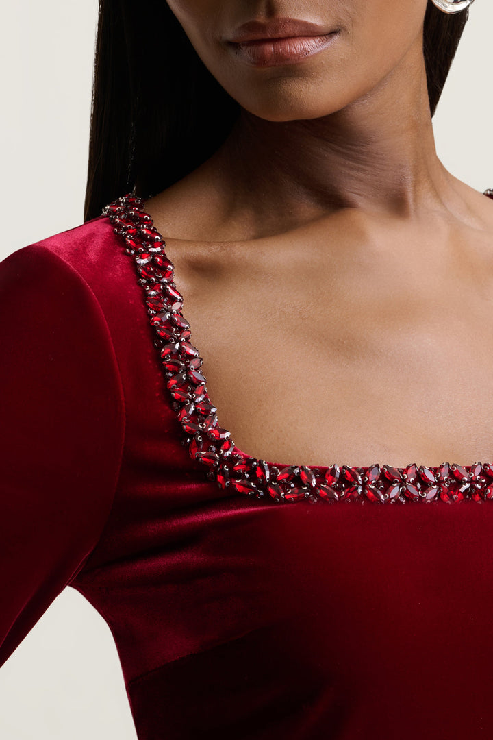 Beloved | Burgundy Velvet Hand-Embellished Square-Neck Mini Dress