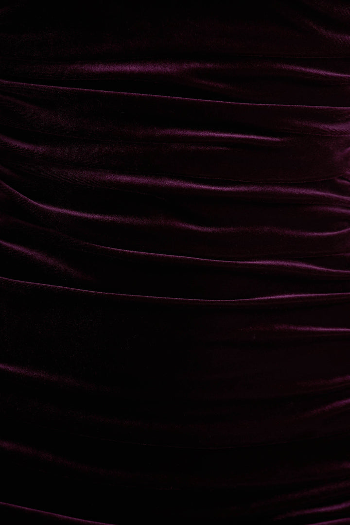 Treat | Burgundy Velvet Asymmetric-Neck Maxi Dress With Ruched Detailing.