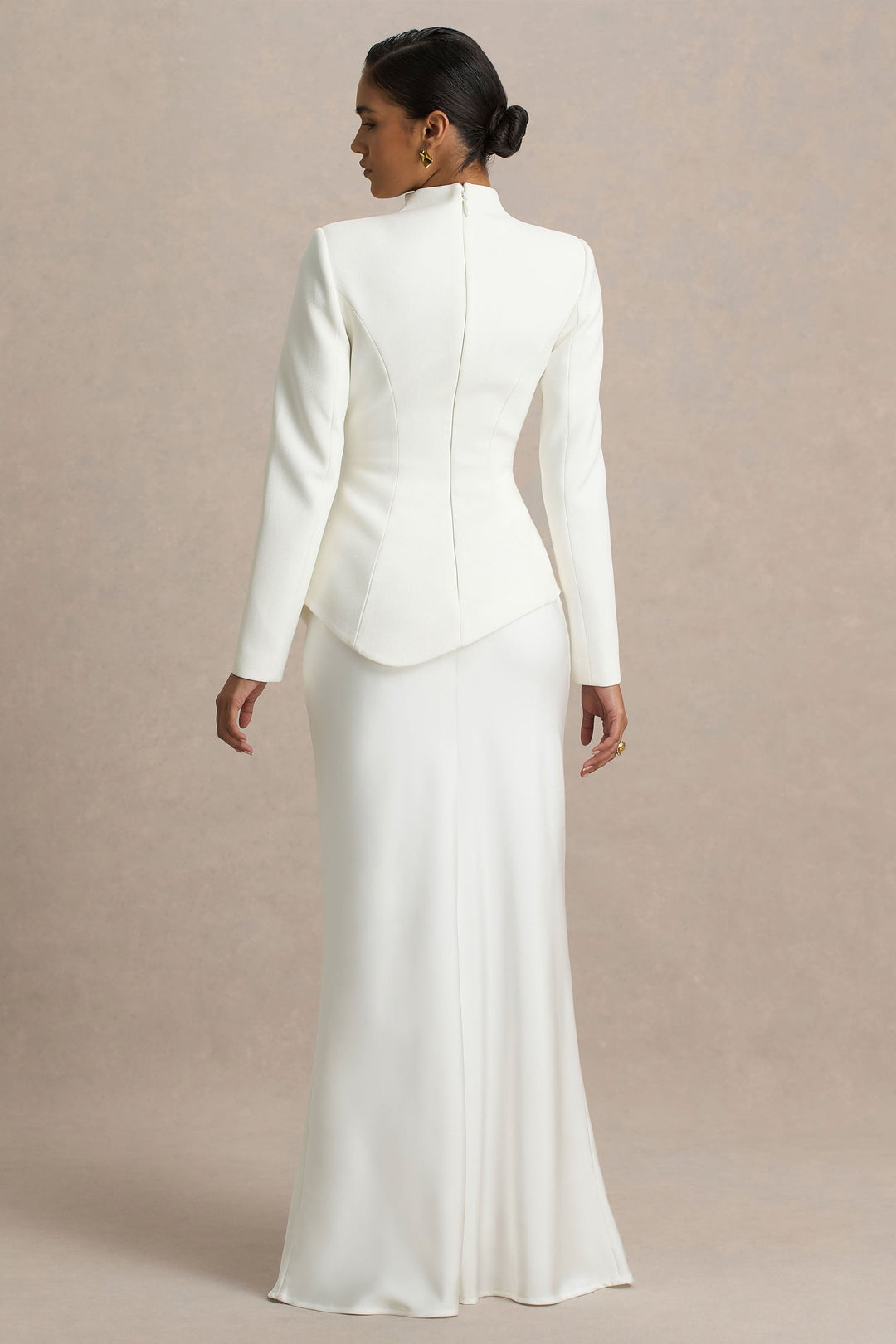 Pepita | Cream High-Neck Tailored Maxi Dress With Drop-Waist And Satin Skirt