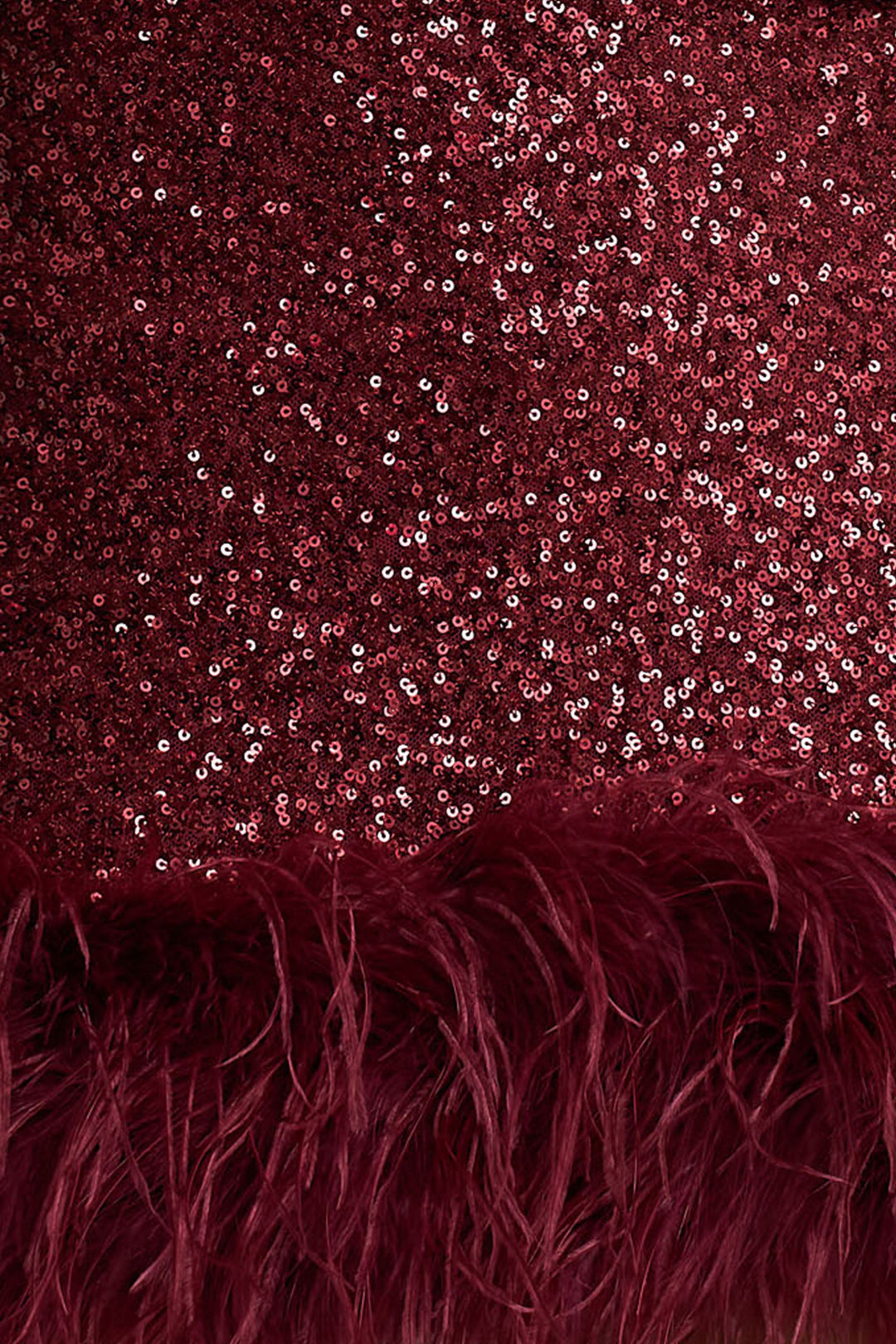 Rosalinda | Burgundy Sequin Square-Neck Mini Dress With Feather Trim