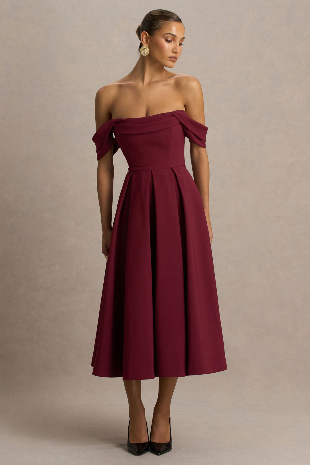 Cosima | Burgundy Bardot-Neck Midi Dress