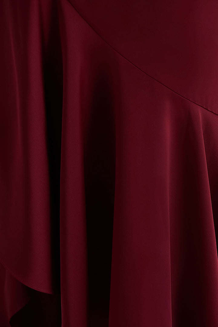 Rosy | Burgundy Satin Boat-Neck Maxi Dress With Front Split And Ruffled Detailing