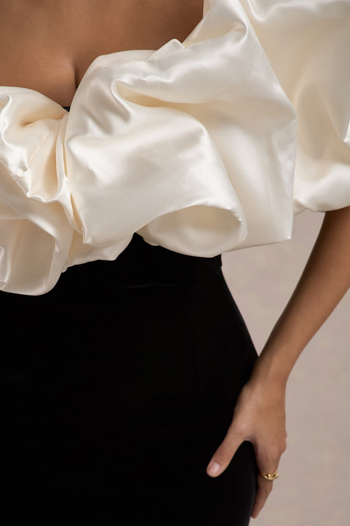 Cecily | Black Velvet Bardot Maxi Dress With Satin Ruffle Trim