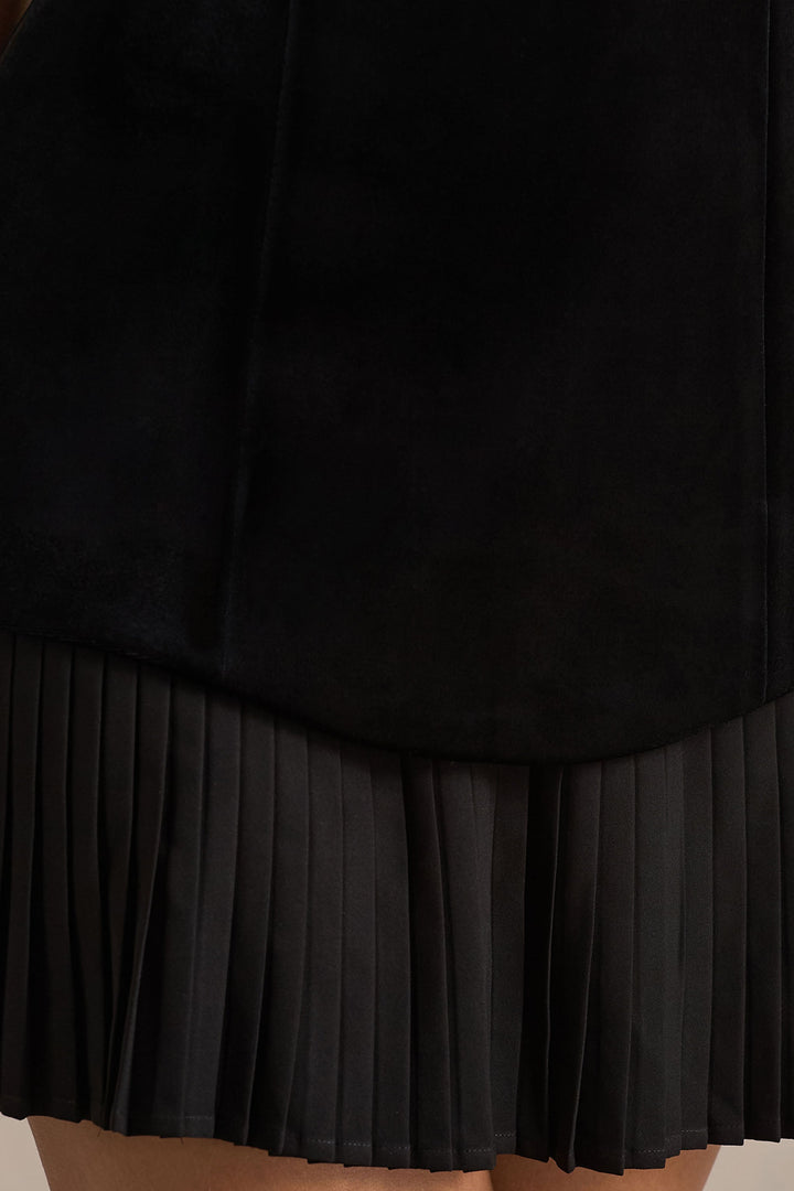 Valentina | Black Velvet Bandeau Mini Dress With Pleated Detailing