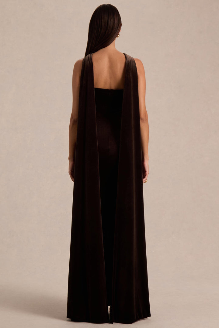 Layli | Brown Velvet Halter-Neck Maxi Dress With Cape