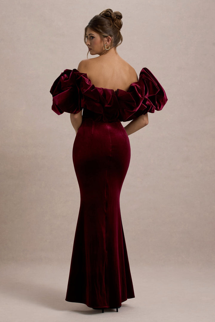 Cecily | Port Velvet Bardot Maxi Dress With Velvet Ruffle Trim