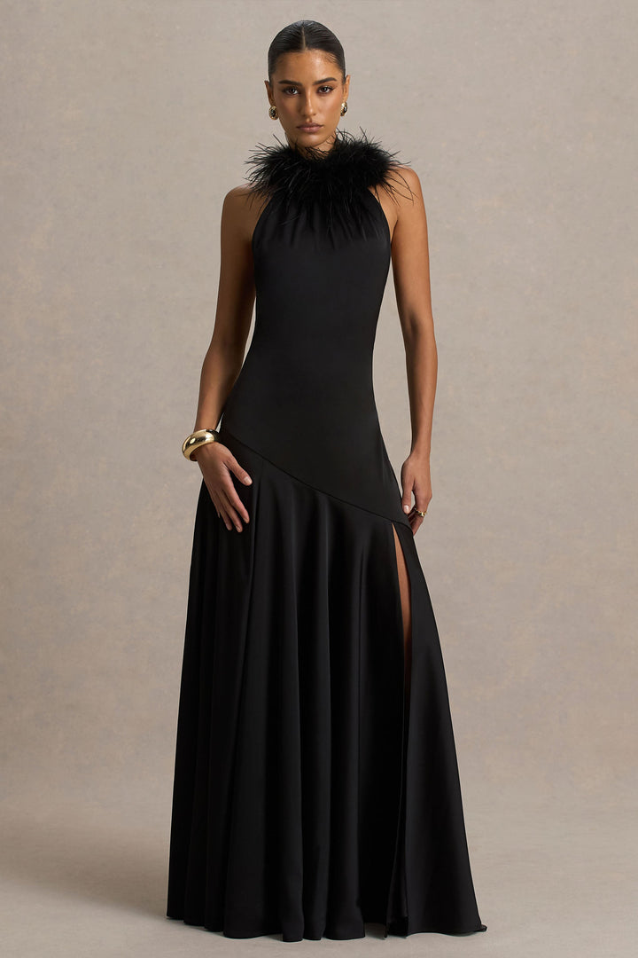 Jemima | Black Satin Halter-Neck Maxi Dress With Feather Trim