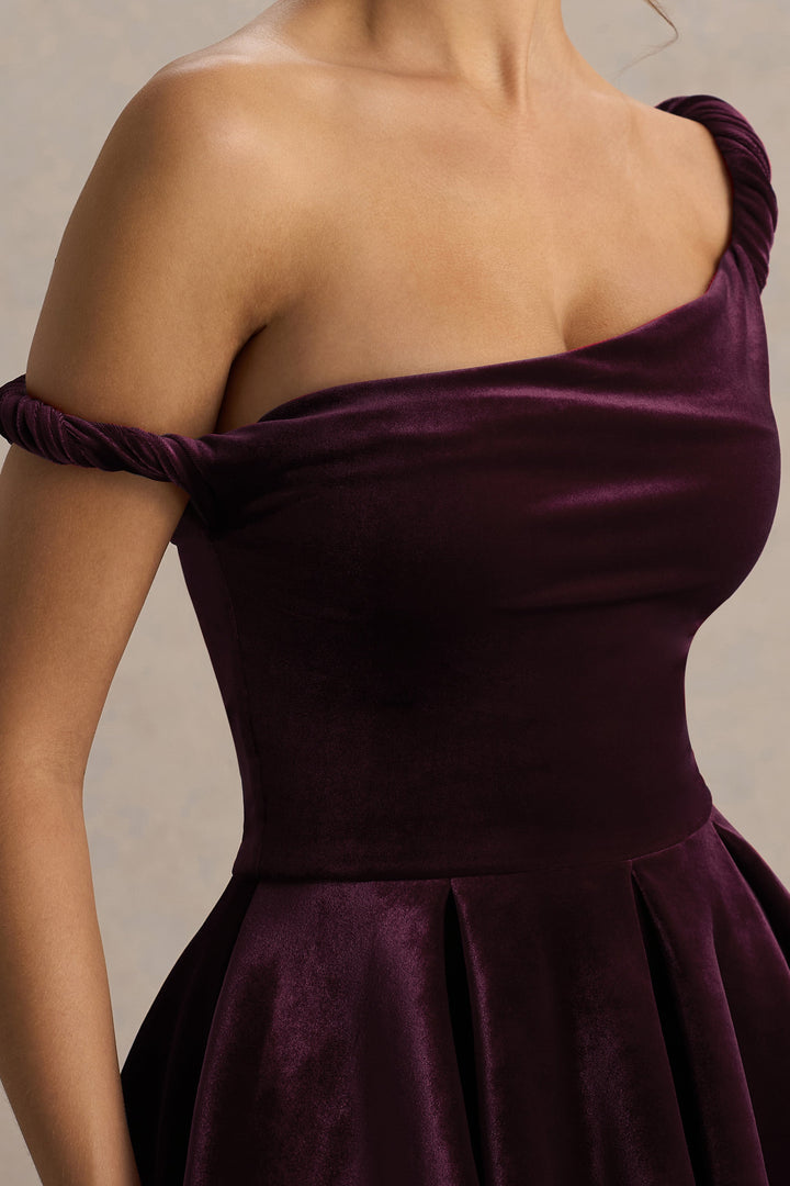 Leticia | Burgundy Velvet Asymmetric-Neck Velvet Mini Dress With Twist-Sleeve