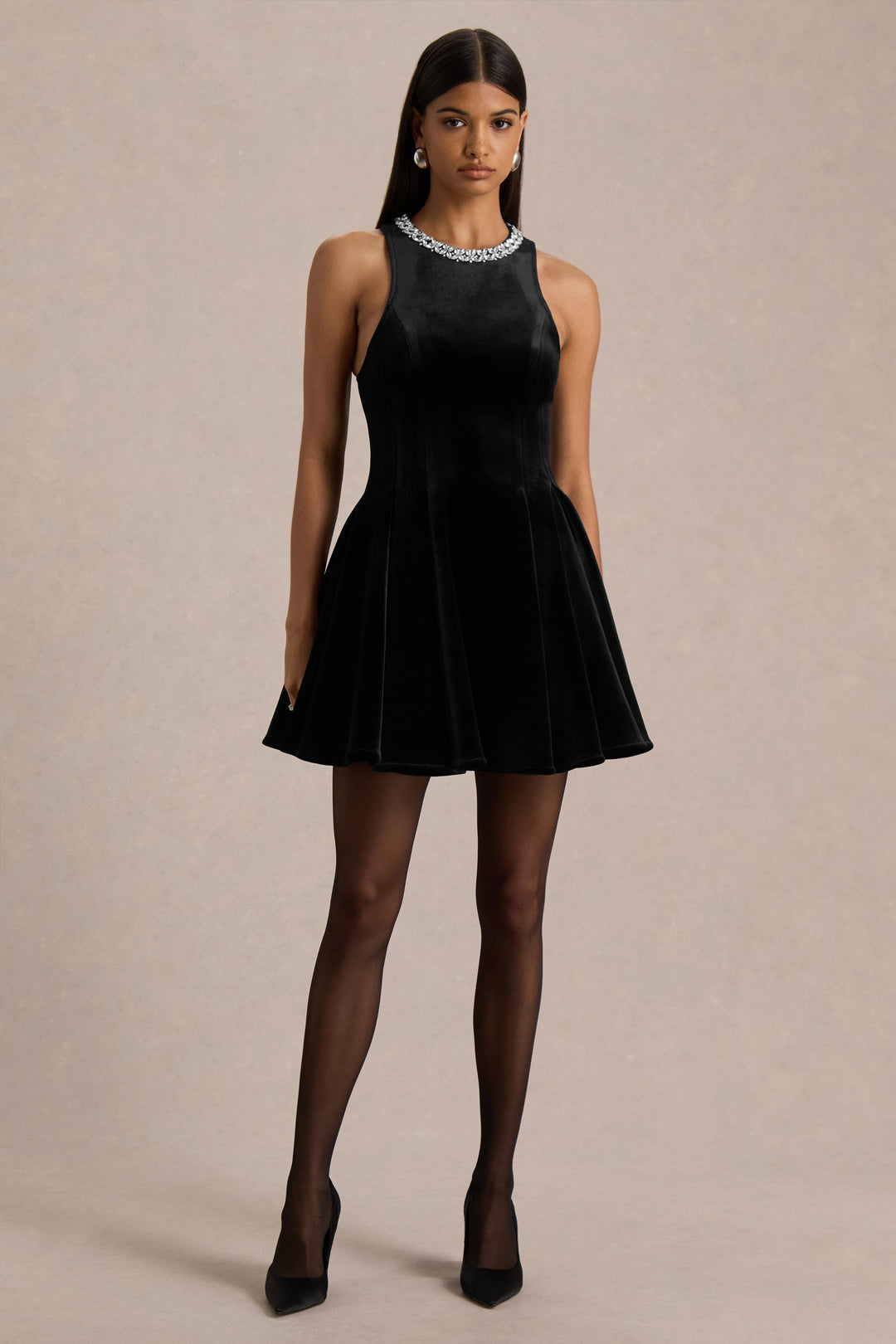 Meva | Black Velvet Hand-Embellished High-Neck Mini Dress