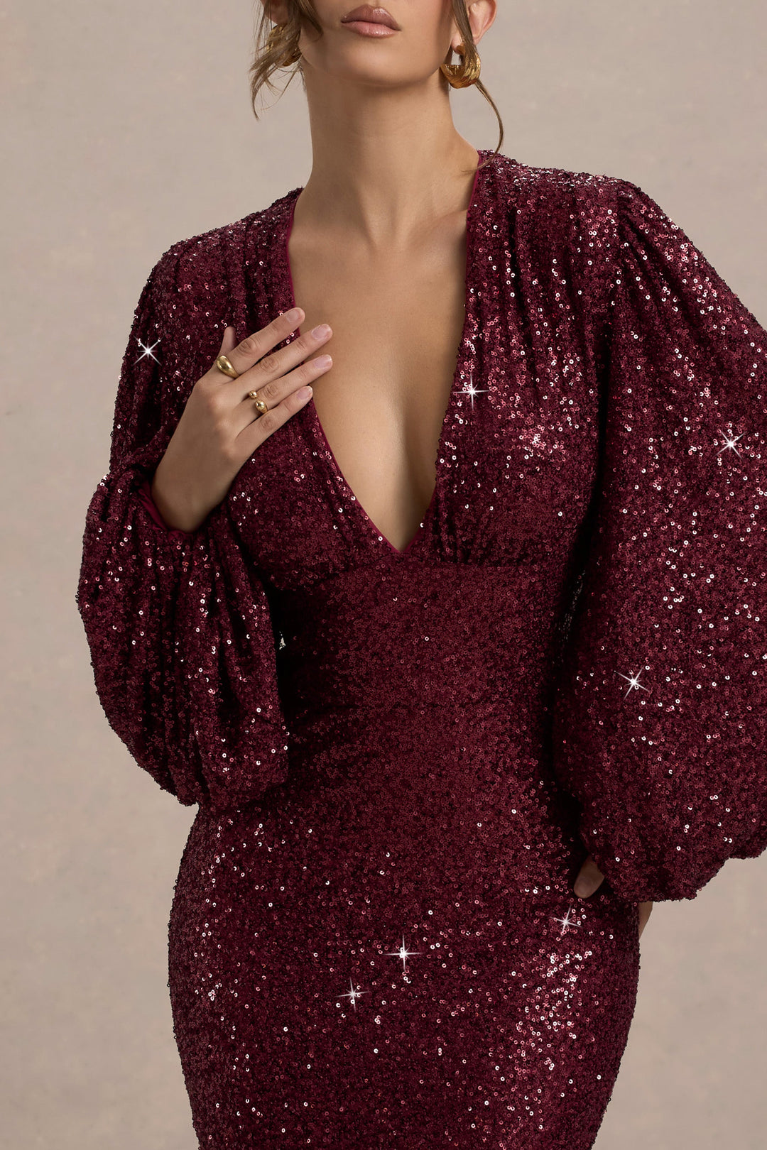 Kaelin | Berry Sequin Plunge-Neck Maxi Dress