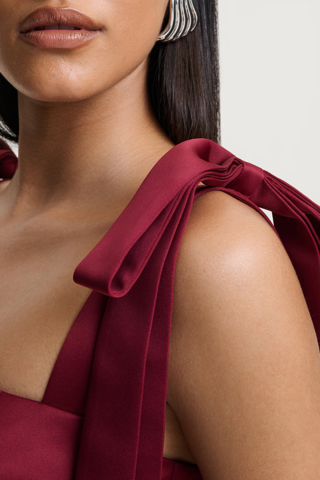 Alberta | Burgundy Satin Square-Neck Midi Dress With Bow Straps