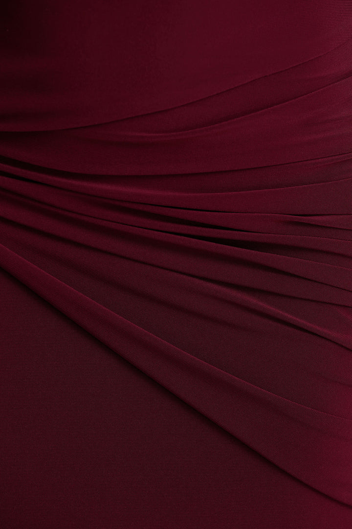 Decadence | Burgundy High-Neck Wrapped Maxi Dress With Twist-Sleeve