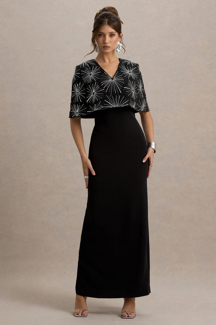 Agnella | Black Embellished V-Neck Maxi Dress